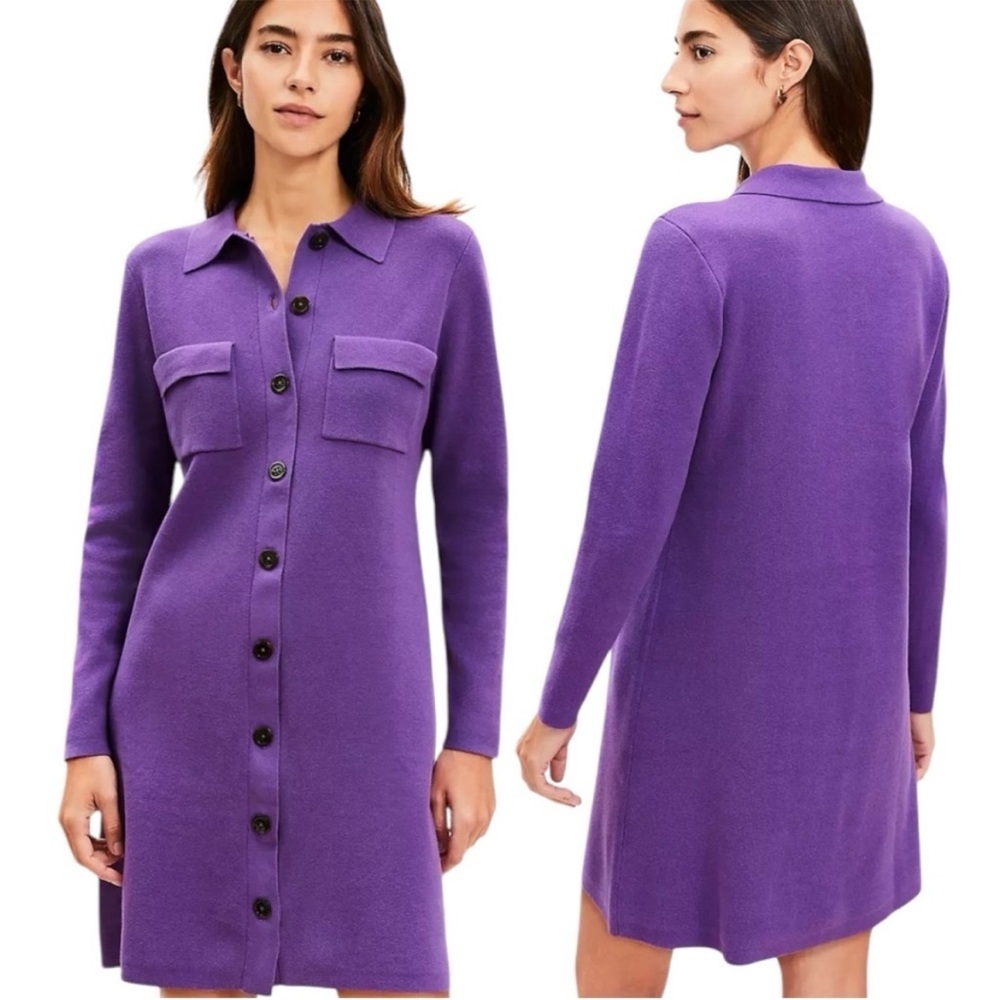 LOFT Pocket Mini Sweater ShirtDress Violet Purple Long Sleeve Cotton Size M NWT